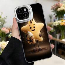 Cubierta de telefono con diseño de estrella animada sosteniendo helado color negro con impresion de dibujo animado y texto CASEMO para uso diario y regalo Aplicable a los teléfonos de la serie Apple y Galaxy - Blanco - Ver 7