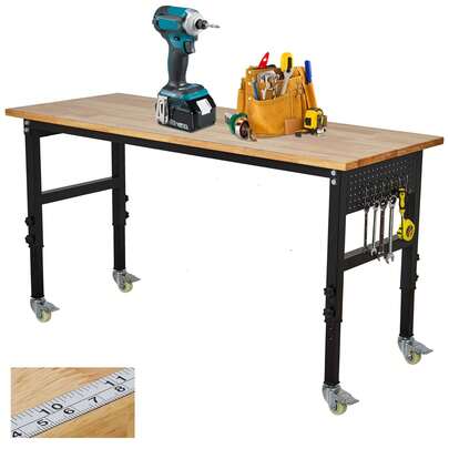 Adjustable Workbench With Scale, 122 X 61 X 75-100cm (8-Level Height) Rolling Garage Work Bench With 4 Lockable Casters & Wooden Top, 1000kg Load Capacity Hardwood Worktable For Garage Workshop