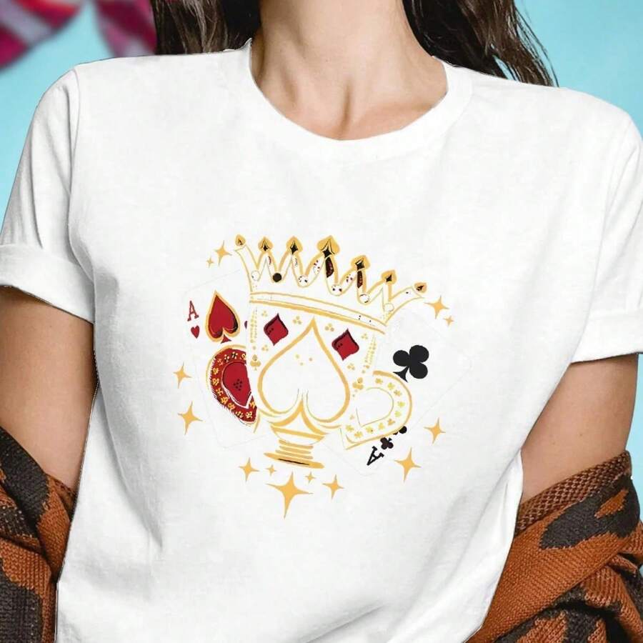 Camiseta de mujer con estampado de as, picas, reina, corazones y tréboles. Estilo casual y cómodo. Ideal para la calle.220g WoM-en's 100% Cotton T-Shirt - Feminine and Comfortable FiT-Suitable for all people, whether woM-en or M-enhigh-quality durable fabric suitable for all seans,ft to the touch but built to lastBreathabletops woM.en fall outfiT.S for woM.en vaC.Ation outfiT.S woM.en halloween costume - Blanco - Ver 1