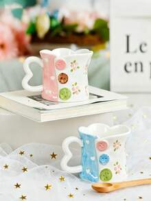 1 Stück kreative handbemalte Blumen- & Schleifen-Keramiktasse mit herzförmigem Henkel - Verschiedenfarbig - Übersicht 1