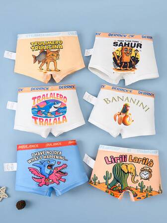 6pcs/Pack Boys' Comfortable Cute Graphic Print Elastic Breathable Boxer Briefs Underwear Set