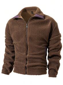 男士 Old Money 立领加厚长袖夹克 - 咖啡棕 - 查看 4