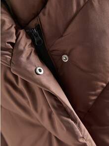 Women's Long Sleeve Hooded Down Jacket, Knee-Length, With Zipper Pockets, Casual Winter Coat - Brown - View 3
