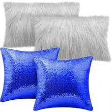 4 Pcs Sequin And Fluffy Pillow Covers Winter Throw Pillow Cases Soft Cushion Cover Couch Bed Sofa (18 X 18 Inch, Pink, White) - 海軍藍,灰色 - 查看 8