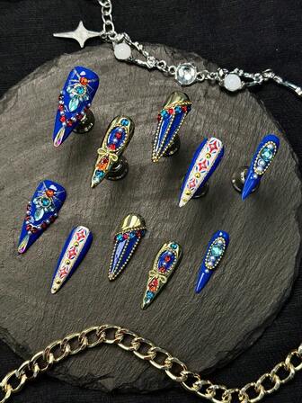 10Pcs Pure Handmade Press-On Nails,Gothic Stiletto Nails,Details Include A Color Palette Of Royal Blue, White,Gold, Hand-Painted 3D Metallic Relief Craftsmanship Hand-Painted Flowers, Blue Tie-Dye Patterns, Metal Beads,Gemstone,Suitable For Women And Girls, Festivals, Daily, Work, Parties, Gatherings And Other Places, Comes With 1 Mini Nail File And 1 Double-Sided Adhesive Label, Also A Great Gift For All Girls And Girls