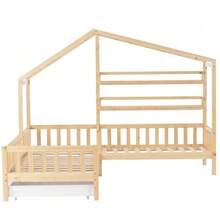 Children's Cabin Bed With Drawers And Shelves, Solid Wood With Guardrail And Slatted Base, L-Shaped Structure, Natural (90x200 Cm+140x70cm) - Natural Color - View 1