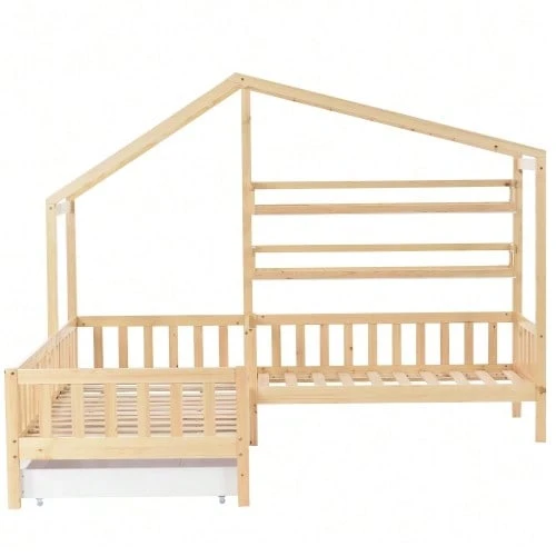 Children's Cabin Bed With Drawers And Shelves, Solid Wood With Guardrail And Slatted Base, L-Shaped Structure, Natural (90x200 Cm+140x70cm) - Natural Color - View 1
