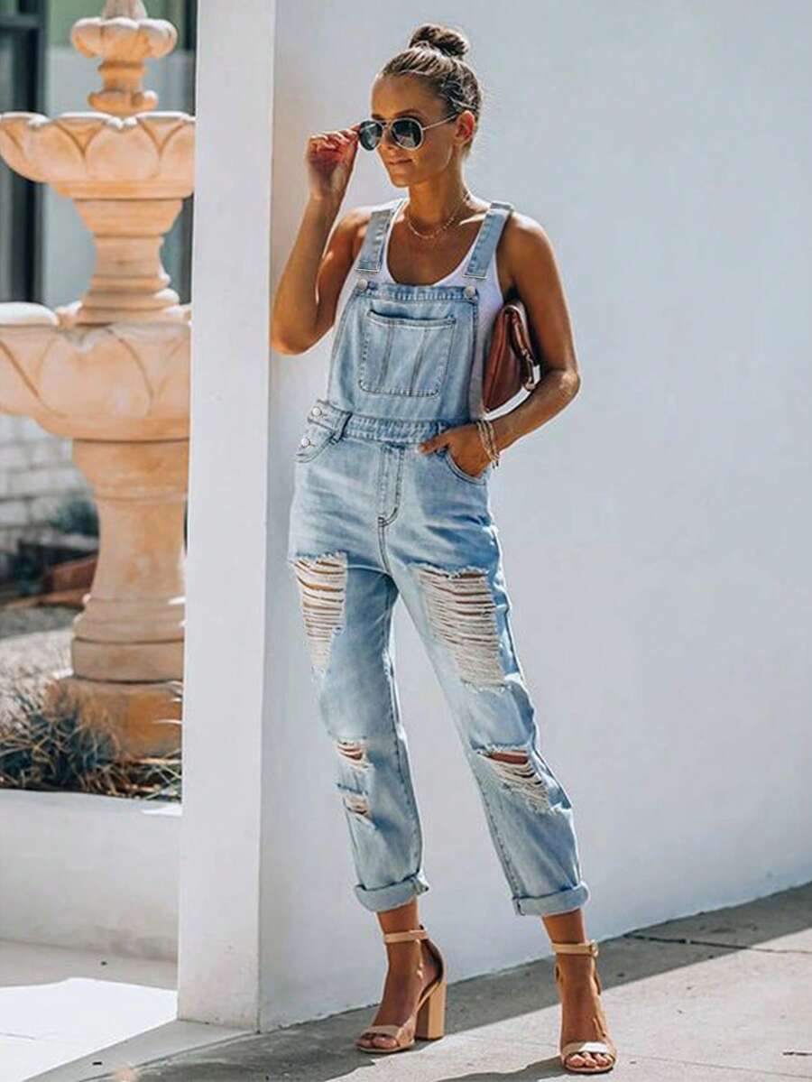 时尚舒适宽松蓝色猫须条纹连体裤和背带裤，女士休闲春季款