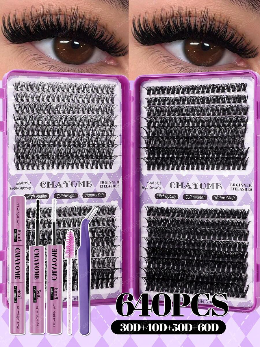 CMAYOME 576/592/640簇自然柔软超轻假睫毛，密度从10D到150D混合，长度8-16毫米，D型卷翘，厚度0.07毫米。适用于日常DIY睫毛嫁接、卡通风格睫毛、DIY分段延长睫毛尾部，以及假睫毛工具套装。