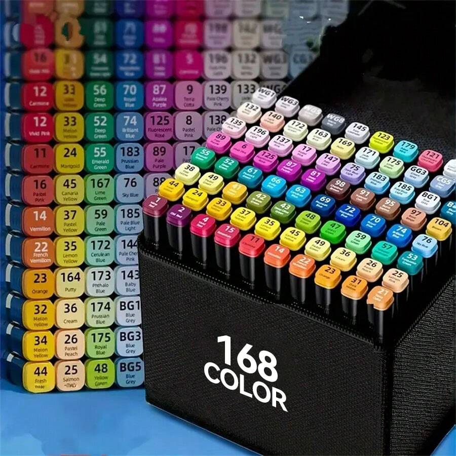 168色双头酒精性美术马克笔，双头水彩马克笔套装，动漫绘画笔，用于绘画和勾线，永久性马克笔，含无色调和笔，微型笔尖，马克笔袋，适用于成人涂色、高光、插画、动漫设计、艺术素描绘画马克笔套装（包装随机）