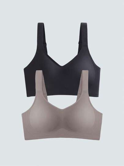 Loungeista مجموعة من 2 حمالة صدر رياضية بسيطة ومريحة للنساء، حمالات صدر بدون سلك ذات لون واحد