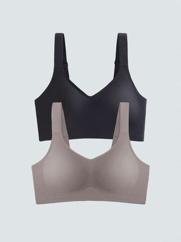 Loungeista مجموعة من 2 حمالة صدر رياضية بسيطة ومريحة للنساء، حمالات صدر بدون سلك ذات لون واحد