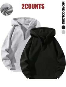 2pcs Men's Casual Fashion Half-Zip Hoodie With Thermal Lining, Autumn/Winter
