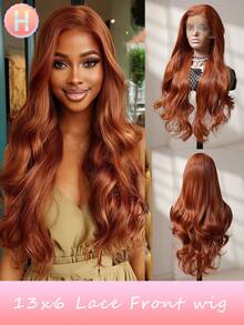 13x6蕾丝前假发，带婴儿发，30英寸长波浪卷合成纤维假发，耐热纤维，弹性帽，适合各种场合，高品质自然柔软合成纤维假发，女士圣诞礼物 - 亮橙色 - 查看 13