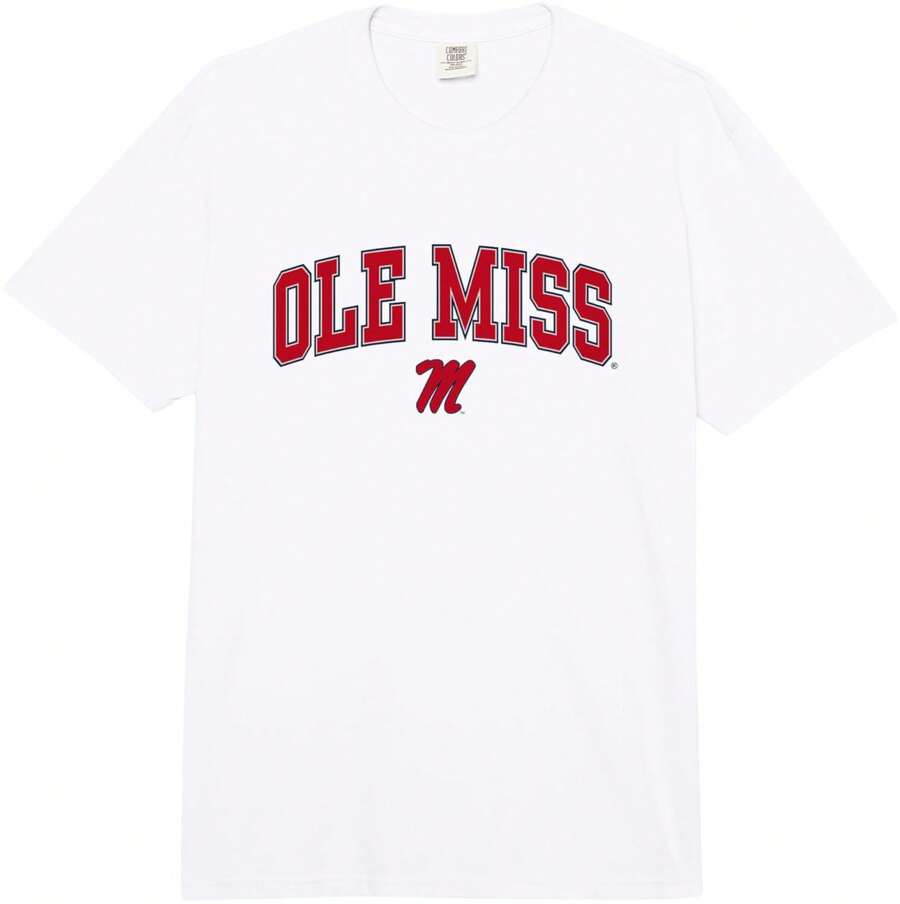 Mississippi Ole Miss Rebels Arched Over Officially Licensed Adult Heavyweight T-Shirt - White - View 1