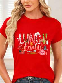 T-Shirt With Kitchen Print And Lunch Lady Text For Cooking And Home Cooking - 紅色 - 查看 6