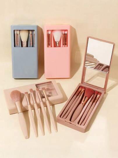 1 Set Of Personal Makeup Mirror (1 Mirror Box+5 Makeup Brushes), Foldable Mirror, Portable Multi-Function Eye Eye Shadow Beauty Tools, Makeup Brush Set