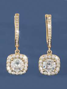 1 Pair Luxury Cubic Zirconia Square Earrings, Elegant High-End Bridal Earrings, Square Zirconia Inlaid Cross-Border Earrings - Gold - View 4