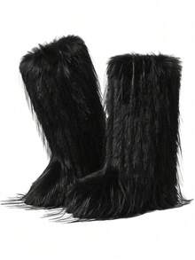 Winter Knee High Boots For Women Pull-On Faux Fur Boots Furry Fluffy Round Toe Fashion Boots Suede Comfy Plush Warm Knee High Boots Outdoor Indoor Flat Shoes Party Dressy Women Winter Boots - Đen - C - Xem 4
