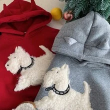 2-5岁男童连帽卫衣，冬季新款毛绒蓬松狗耳朵设计套头衫 - 紅色 - 查看 6