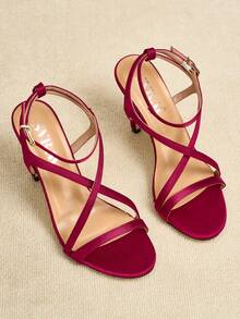 SVRM Women's High Heel Round Toe Satin Criss-Cross Strap Metal Buckle Open Toe Fashion Sandals, Elegant And Sexy For Workplace - Burgundy - View 5