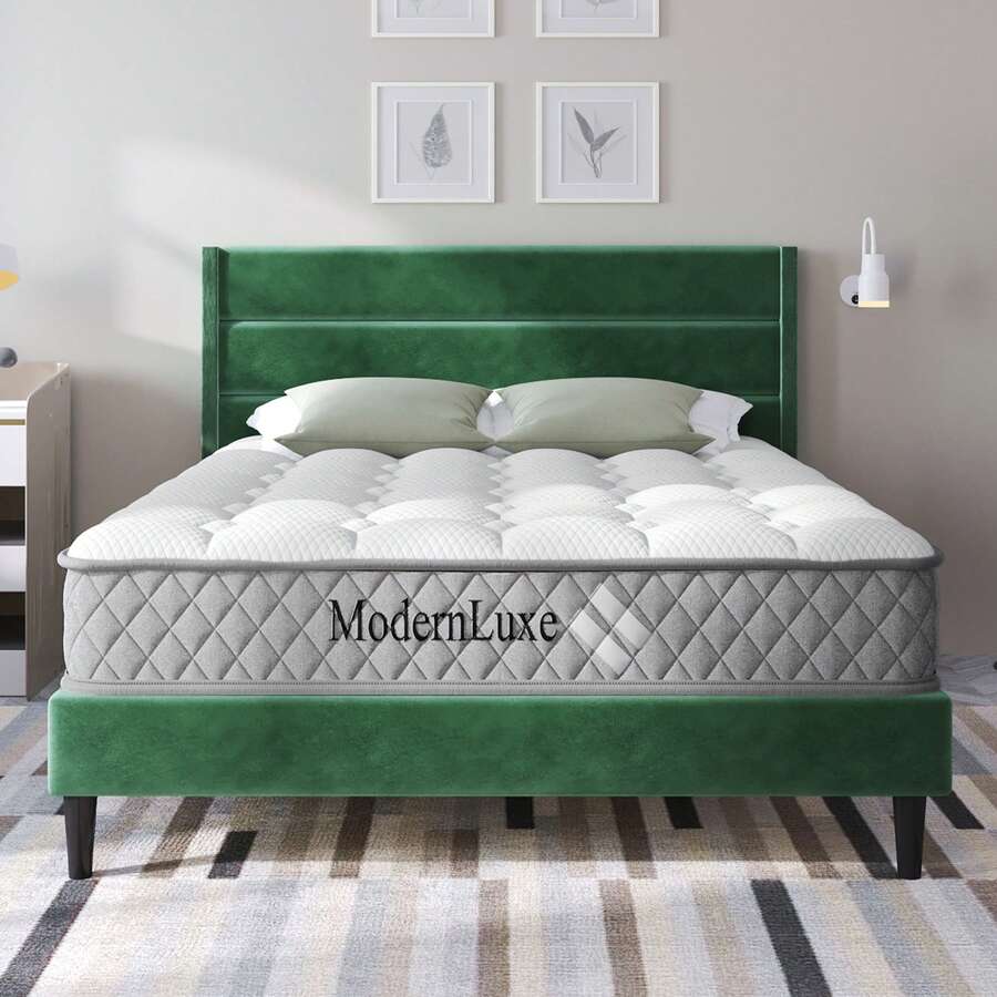Upholstered Bed 140 X 200 Cm, Bed Frame With Slatted Base And Headboard, Upholstered Double Bed, Dark Green Velvet Fabric Cover, Timeless Modern Design, Youth Bed (With Mattress) - Green - View 1