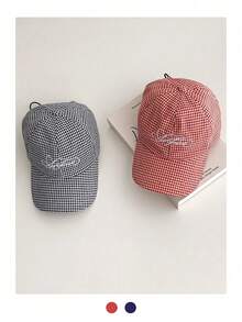 极简刺绣字母软顶复古格纹帽檐帽，薄款长帽檐防晒五片帽，街头风平沿男女通用格子棒球帽，美式英伦学院风，大头围防晒运动帽 - 學院風 - 查看 8