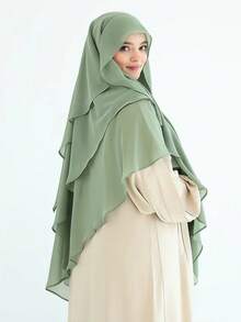 1件装女士穆斯林三层雪纺头巾，不对称面纱，纯色，时尚优雅，适合穆斯林日常佩戴和祈祷。 - 豆綠色 - 查看 2