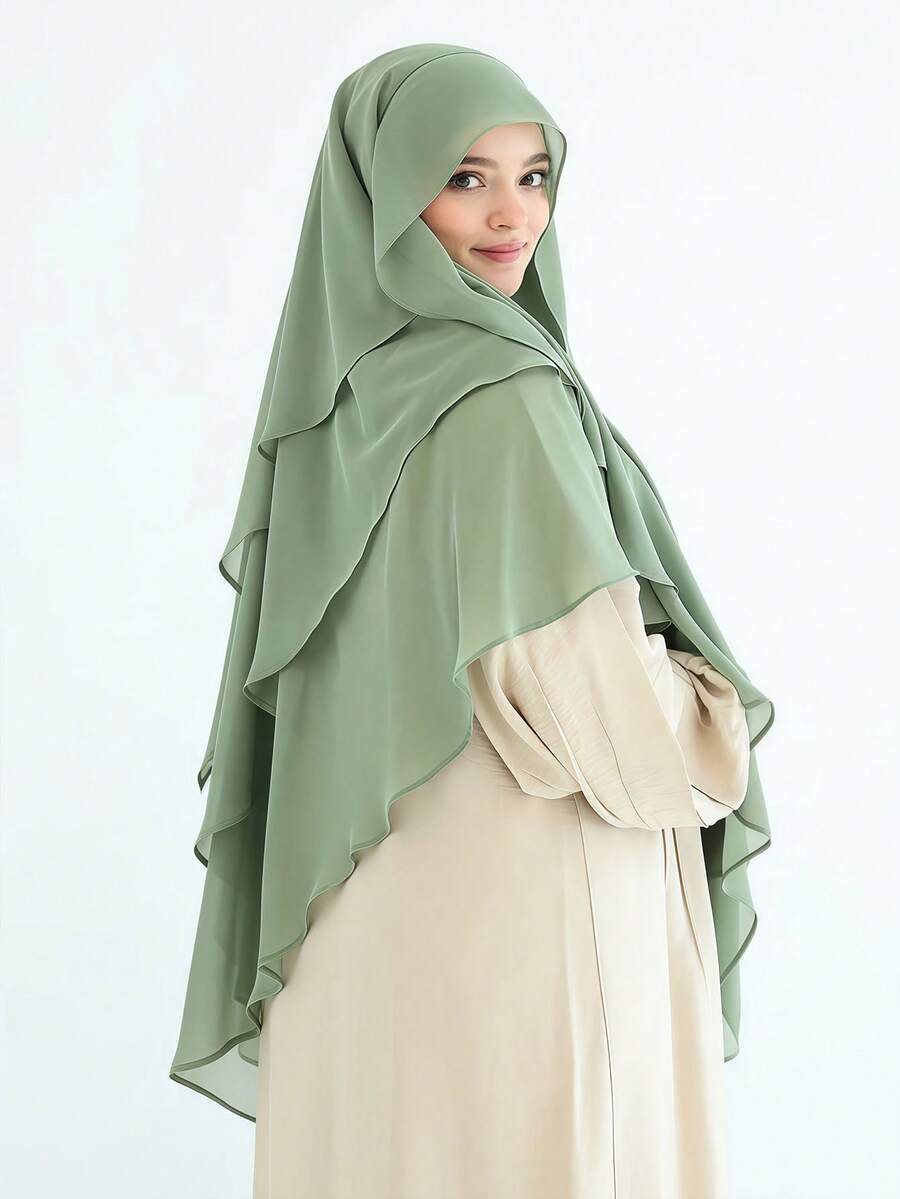 1件装女士穆斯林三层雪纺头巾，不对称面纱，纯色，时尚优雅，适合穆斯林日常佩戴和祈祷。