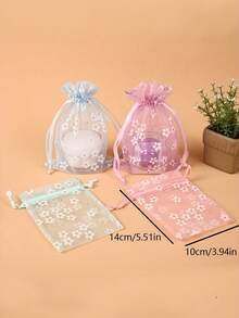 10个装，欧根纱抽绳礼品袋，印花抽绳袋，婚礼派对礼品袋，零食巧克力包装袋，珠宝包装袋 - 彩色 - 查看 3