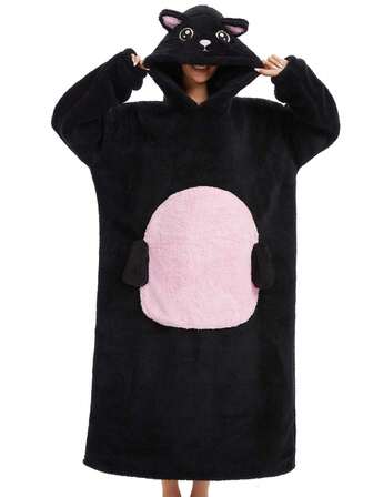Süße schwarze Katze Langarm Kapuzen Wearable Decke, Damen Winter Kapuzen Loungewear Langer Bademantel, Dickes Tier Themen Party Kostüm Bademantel