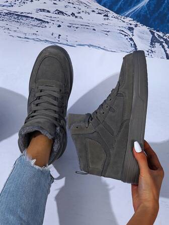 Women's High-Top Casual Sneakers With Thermal Lined, Grey Fleece Boots, Women's Utility Boots, Winter Boots, Snow Boots, Waterproof Hiking Boots, Outdoor Shoes, Student Sports Shoes, Couples Shoes, Holiday Gifts, Birthday Gifts