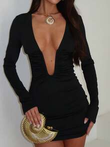 Women Fall Deep V Neck Mini Dress Y2K Long Sleeve Ruched Bodycon Short Dresses Sex Going Out Cocktail Party Dress - 黑色 - 查看 7
