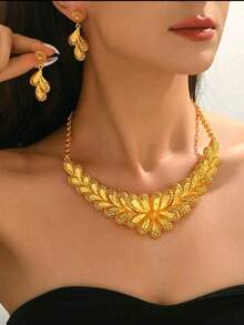 24K 镀金空心球形设计耳环和项链套装，时尚女士，适合派对、婚礼、礼服、日常或休闲穿着