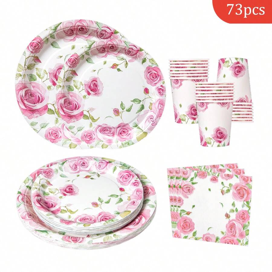1 set di piatti, tovaglioli e bicchieri usa e getta rosa con rose, per 16 ospiti, adatto per compleanni, matrimoni, feste e picnic in famiglia - Multicolore - Visualizzare 1