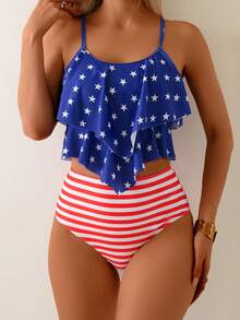 Women's Fashionable USA Flag Print Casual Tankini Swimsuit Set - Blue - View 1