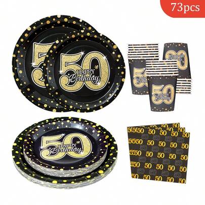 50th Golden Polka Dot Happy Birthday Disposable Plates, Napkins, Cups - Party Supplies For 16 Guests, Disposable Paper Plates Suitable For Birthday, Wedding, Party, Family Picnic