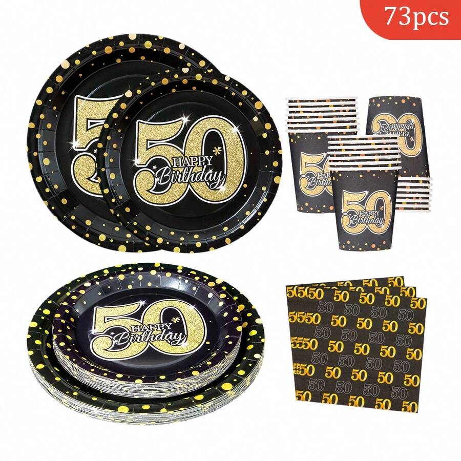 50th Golden Polka Dot Happy Birthday Disposable Plates, Napkins, Cups - Party Supplies For 16 Guests, Disposable Paper Plates Suitable For Birthday, Wedding, Party, Family Picnic - Multicolor - View 1