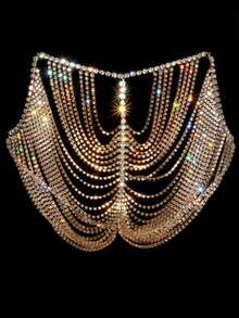 时尚配饰性感镂空水钻半身裙，欧美流苏全水晶夜店风女士身体链 - 金色 - 查看 2