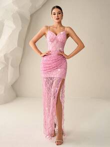 Đầm dạ hội Astony One màu hồng đính sequin thanh lịch, đầm maxi cúp ngực xẻ tà gợi cảm bằng vải lưới xuyên thấu, hoàn hảo cho tiệc năm mới, ngày Valentine, lễ hội hóa trang, lễ hội âm nhạc, tiệc đính hôn, thảm đỏ, lễ tốt nghiệp, tiệc chào mừng và các sự kiện cocktail. - Hồng - Xem 6