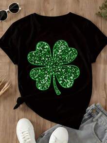 St Patrick's Day Sparkle Shamrock T Shirt Women Lucky Clover Print White Tee St Patrick's Day Outfit Festive Casual Top - 黑色 - 查看 3