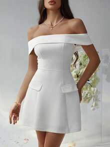 Women's Clothing Temperament Elegant Style Waist Cinched One Shoulder Solid Color Knitted Mini Dress Wedding Banquet Women's Sexy White Evening Dress Chic Wedding White Dresses - White - View 5