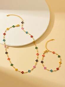 2pcs/Set Fashionable Sweet Copper-Inlaid Zirconia Oil Drop Flower Four-Leaf Clover Pearl Bracelet And Necklace Women's Jewelry Gift Elegant For Daily Wear, Gatherings, Holidays, Dates, Parties Versatile Accessory Set(Four-Leaf Clover Color Is Random) - Hollow Four-leaf Clover Set - View 18