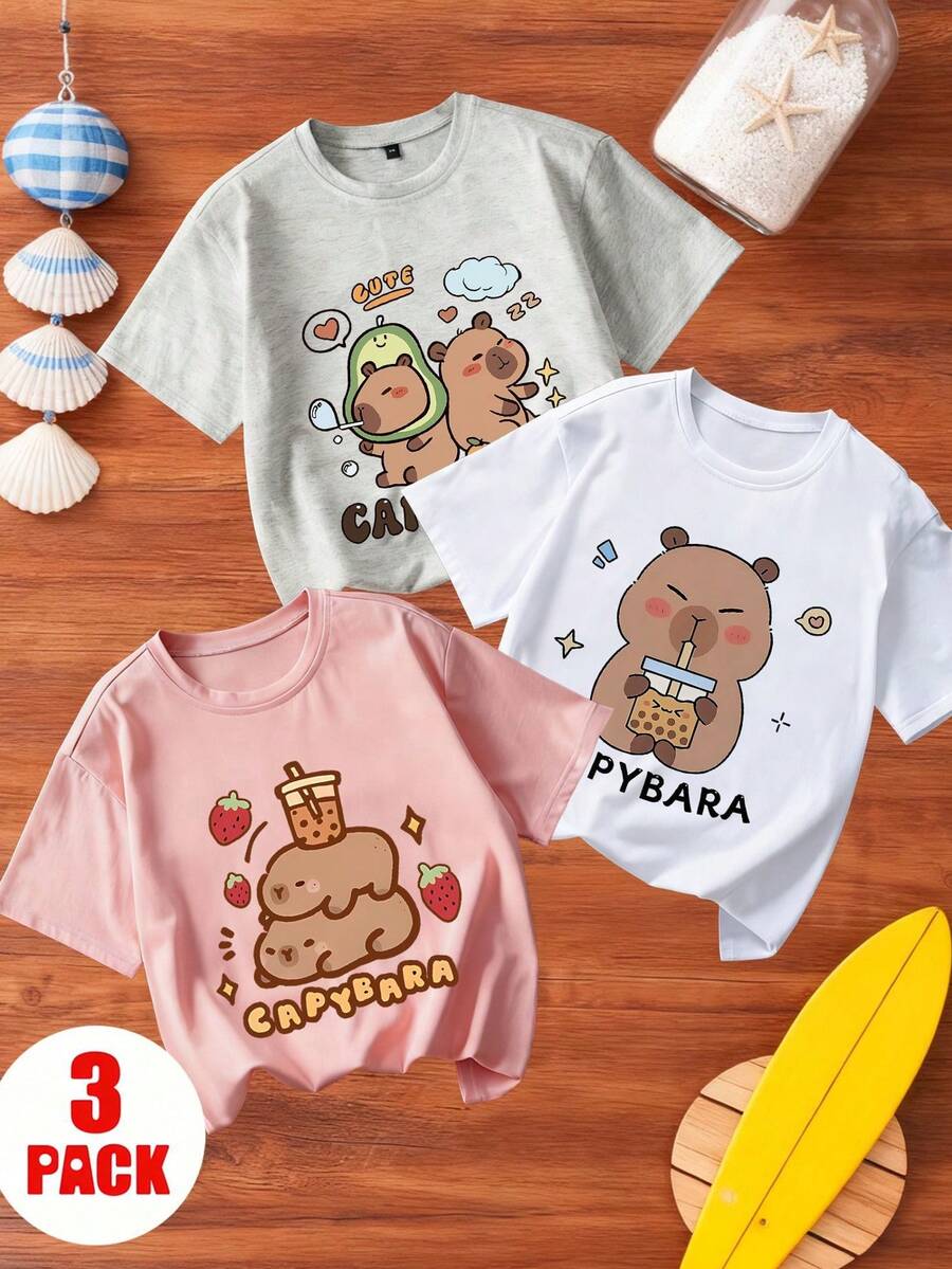 3pcs/Set Tween Girls' Printed Short Sleeve T-Shirts, Suitable For Tween GirlsSummer Tops - Multicolor - View 1