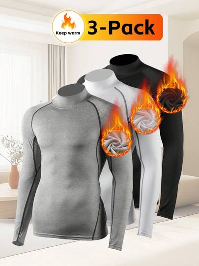 3pcs Men's Thermal Underwear Top, Warm Activewear For Skiing, Running, Gym, Morning/Night Training, Autumn/Winter Sports Compression Tight