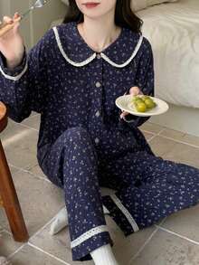 2pcs Women Pajama Set, Floral Print Crew Neck Long Sleeve Top And Floral Print Long Pants, Cute Cartoon Minimalist Style, Comfortable For Home & Leisure, Suitable For Spring, Autumn, Winter
