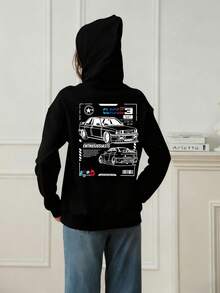 Sudadera con capucha de forro polar con estampado gráfico y ajuste holgado para mujer, invierno