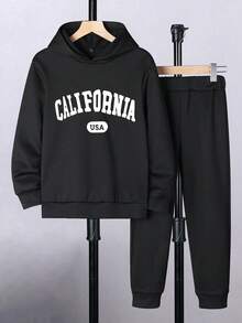 2pcs/Set Tween Boy Casual Letter Print Fleece Hoodie Sweatshirt And Pants Set, Dark Heather Gray - Black - View 2