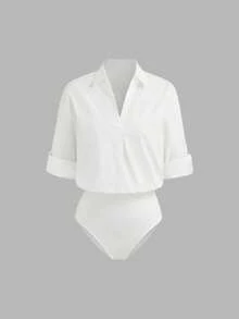 Women's Collared Roll-Up Sleeve Fitted Blouse - White - View 1