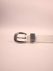Cinto Feminino 2.3CM com Fivela Prateada Gravada Estilo Retro e Elegante - Branco - Visão 3